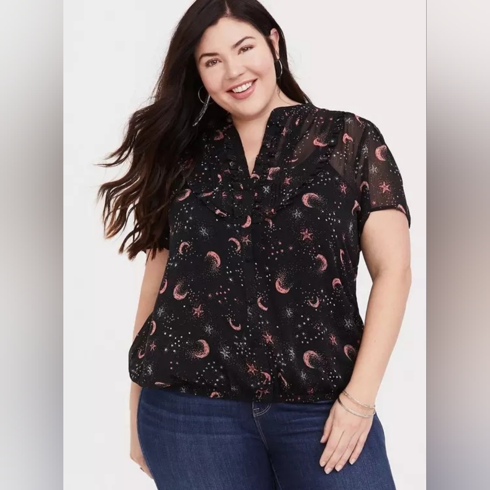 Torrid 0 Black Stars and Moon Print Chiffon Banded Top with Mandarin Collar- EUC